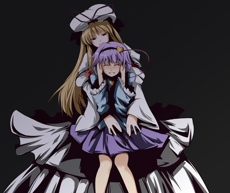 bow, dress, fujy, hairband, hat, heart, komeiji_satori, long_hair, mind_rape, purple_hair, skirt, tears, touhou, yakumo_yukari