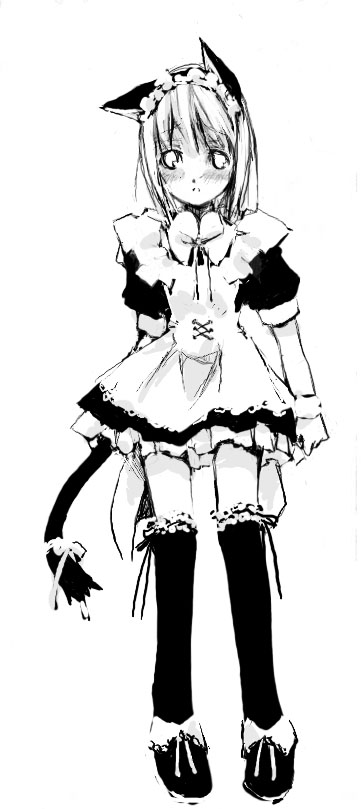 1girl, animal_ears, cat_ears, ganges_gawa, ganges_river, maid, monochrome, solo
