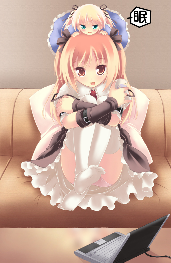 2girls, :p, blonde_hair, bow, brown_eyes, brown_hair, computer, fairy