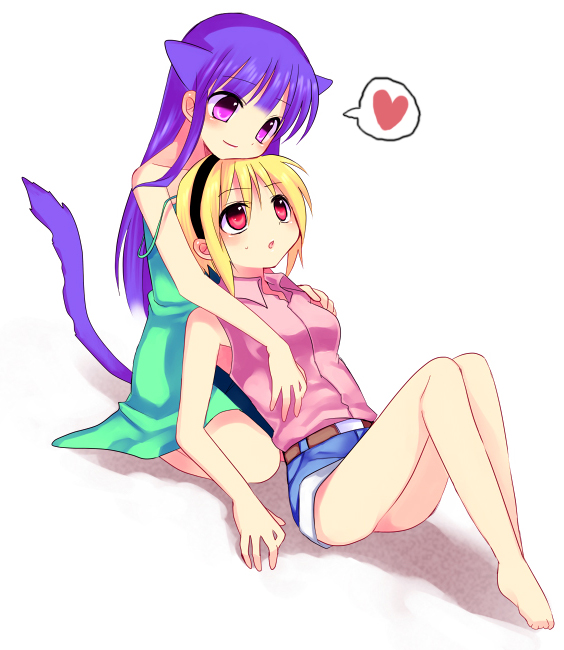 2girls, animal_ears, blonde_hair, cat_ears, cat_tail, furude_rika, green_skirt, higurashi_no_naku_koro_ni