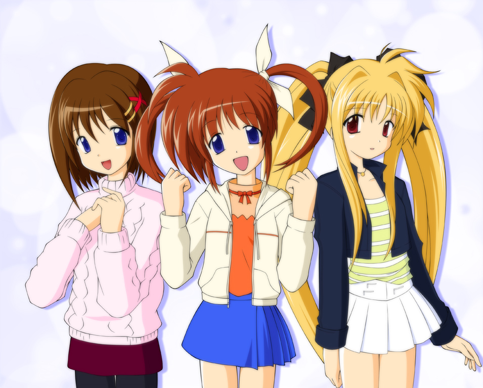 3girls, :o, black_legwear, blonde_hair, blue_skirt, choker, collarbone, ebihara_kyousuke