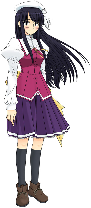 1girl, beret, black_eyes, black_hair, futaba_shion, haruka_ni_aogi_uruwashi_no, hat, long_hair, mishima_kyouka, school_uniform, serafuku, solo, thigh-highs, white_legwear, youei_(maiko), zettai_ryouiki
