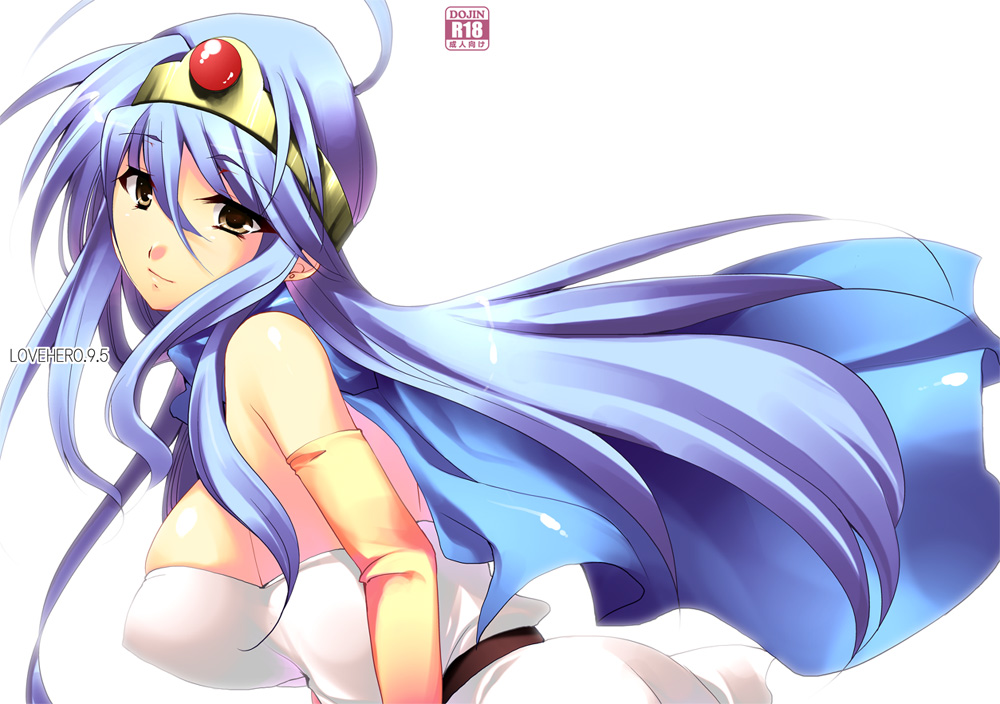 blue_hair, breasts, brown_eyes, cape, circlet, dragon_quest, dragon_quest_iii, elbow_gloves