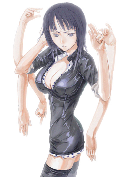 1girl, black_hair, breasts, cleavage, devil_fruit, enies_lobby, extra_arms, female