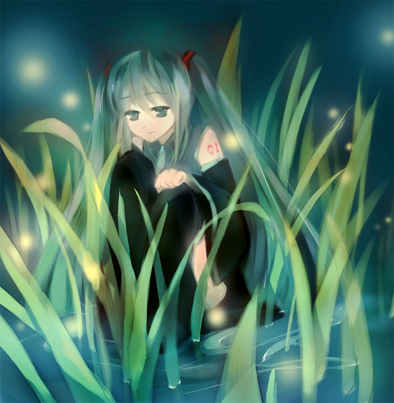 grass, hatsune_miku, long_hair, night, sitting, thigh-highs, thighhighs, twintails