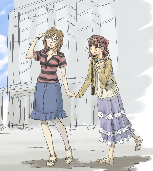 00s, 2girls, architecture, blouse, blue_skirt, blue_sky, brown_eyes, brown_hair