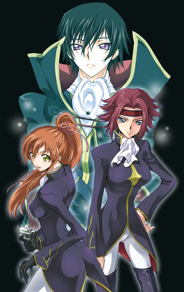 1boy, 2girls, black_background, black_hair, blue_eyes, brown_hair, code_geass, contrapposto