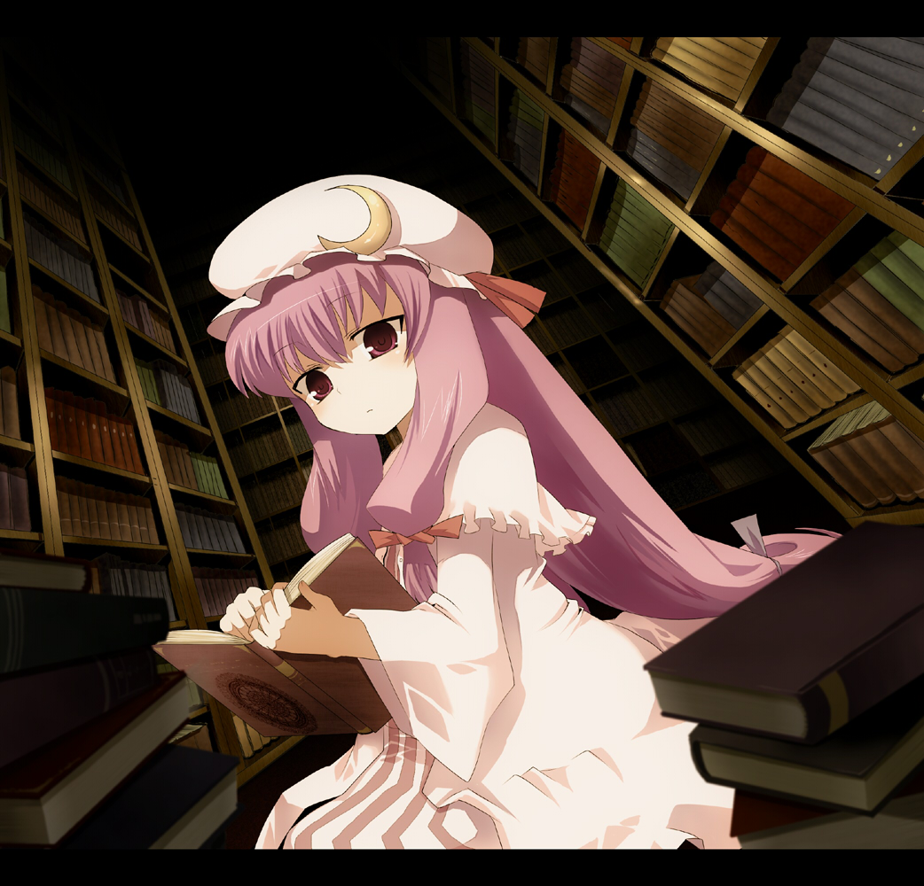 aro, book, crescent, hat, long_hair, patchouli_knowledge, purple_hair, solo