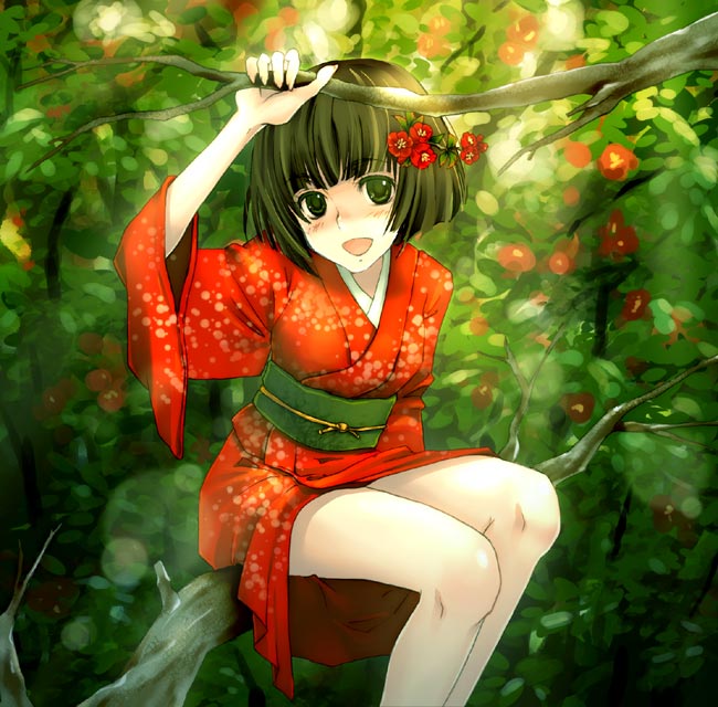in_tree, japanese_clothes, kimono, nature, original, short_kimono, sitting, sitting_in_tree