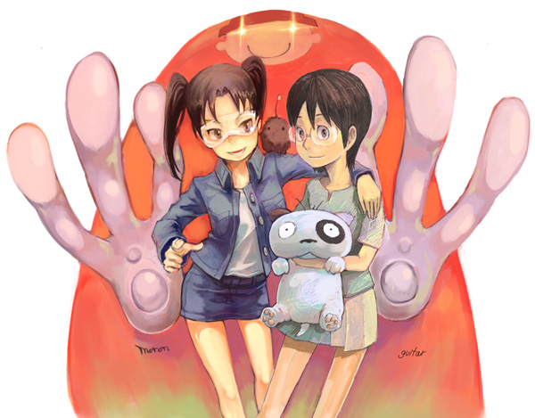 2girls, amasawa_yuuko, brown_hair, dennou_coil, densuke, glasses, guitar_(artist), guitar_(guitars)