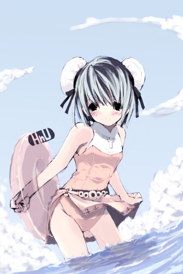 1girl, blush, bun_cover, casual_one-piece_swimsuit, clouds, cross, double_bun, dutch_angle