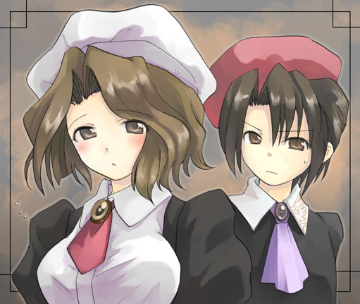 1boy, 1girl, ascot, black_hair, blush, brown_eyes, brown_hair, hat