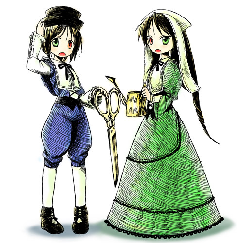 2girls, cosplay, crossover, heterochromia, hiiragi_kagami, hiiragi_tsukasa, lowres, lucky_star