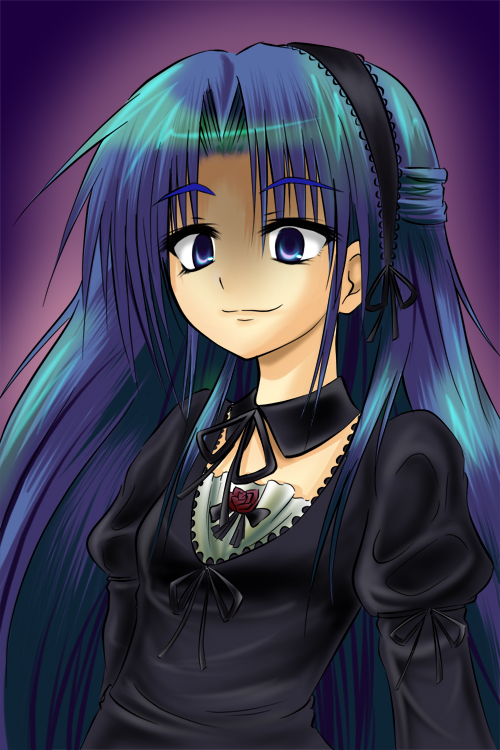 1girl, asakura_ryouko, chipa_(arutana), cosplay, crossover, half_updo, rozen_maiden, solo