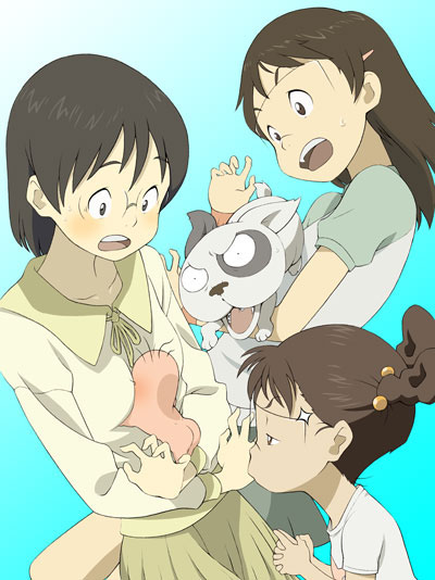 3girls, between_breasts, breasts, dennou_coil, densuke, glasses, hashimoto_fumie, ikk