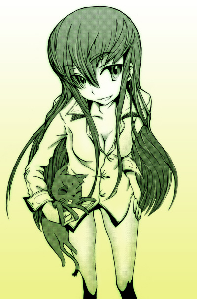 1girl, arthur_(code_geass), c.c., cat, code_geass, dress_shirt, gradient, green