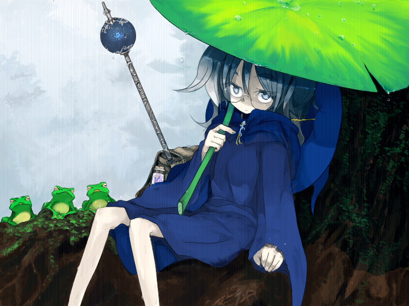argonauts_gemini, bag, enchi, fantasy, frog, glasses, mage, magician, original, rain, silver_hair, staff