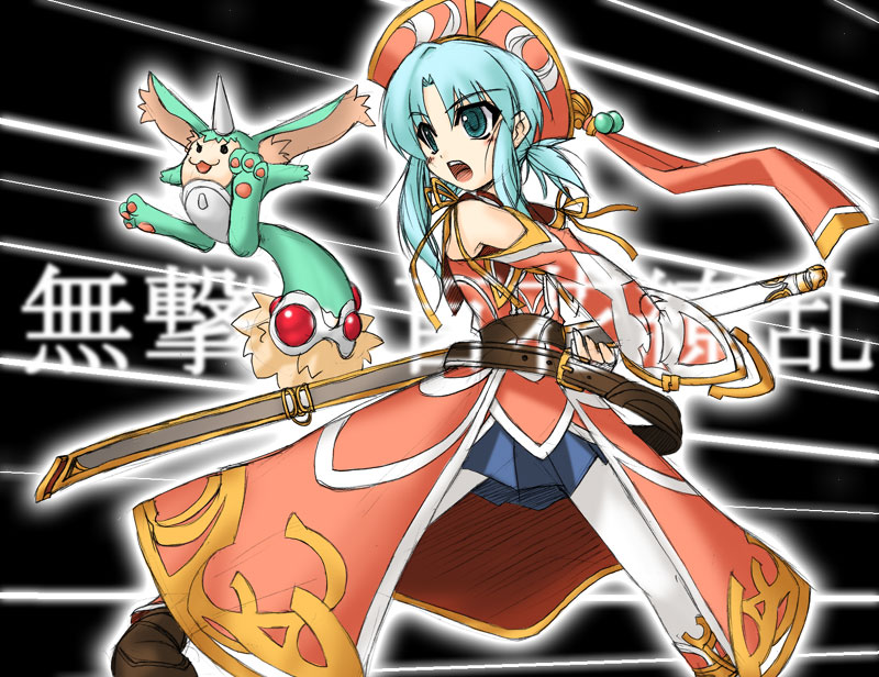 1girl, anna_laemmle, atelier_(series), female, gust, hat, horns, katana, mana_khemia, mana_khemia_(series), mizuna, mizuna_(water_emp-tei), nodachi, ootachi, pantyhose, red_hat, solo, sword, weapon