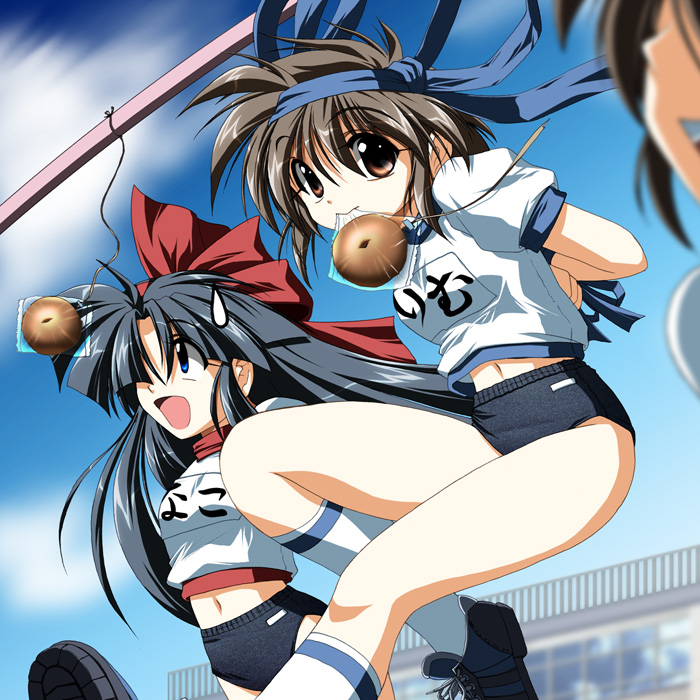 2girls, bow, buruma, f20, f20_(funimaru), gym_uniform, multiple_girls, nakoruru