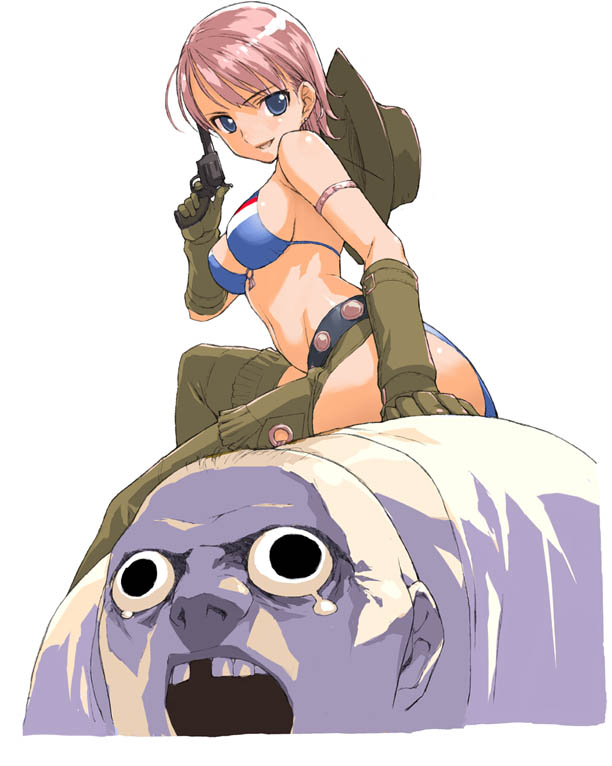 1boy, 1girl, alternate_costume, arm_support, armband, bangs, bikini, black_eyes, blue_eyes, breasts, capcom, chaps, cowboy_hat, cowgirl, debilitas, demento, earrings, elbow_gloves, fiona_belli, gloves, gun, handgun, hat, holding, holding_gun, holding_weapon, jewelry, large_breasts, looking_at_viewer, morisawa_haruyuki, o-ring_top, open_mouth, pain, pink_hair, revolver, short_hair, simple_background, sitting, sitting_on_person, smile, string_bikini, swimsuit, tears, weapon, white_background
