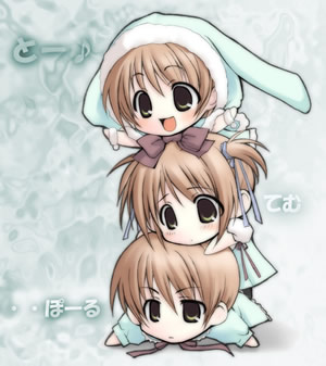 3girls, :d, akino_(komorebi), black_bow, bow, brown_hair, chibi, expressionless, fur_trim, green_eyes, hair_bow, hood, hoodie, komorebi_ni_yureru_tamashii_no_koe, long_sleeves, lowres, lying, multiple_girls, natsuki_(komorebi), on_stomach, open_mouth, sandwiched, short_hair, smile, toua_(komorebi), yuri