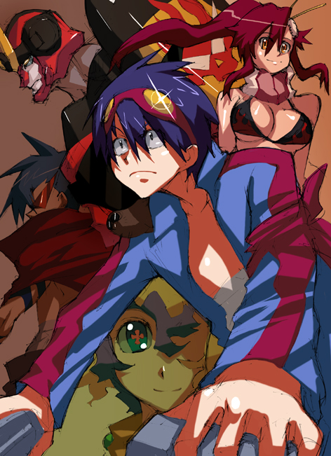 2boys, 2girls, bikini_top, blue_hair, breasts, brown_eyes, cleavage, collarbone