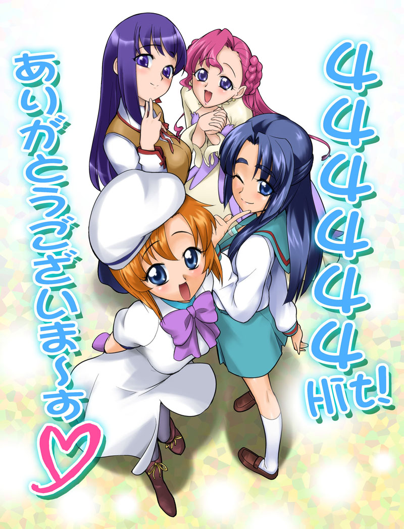 4girls, :d, ;), arms_behind_back, asakura_ryouko, bangs, blue_eyes, blue_hair