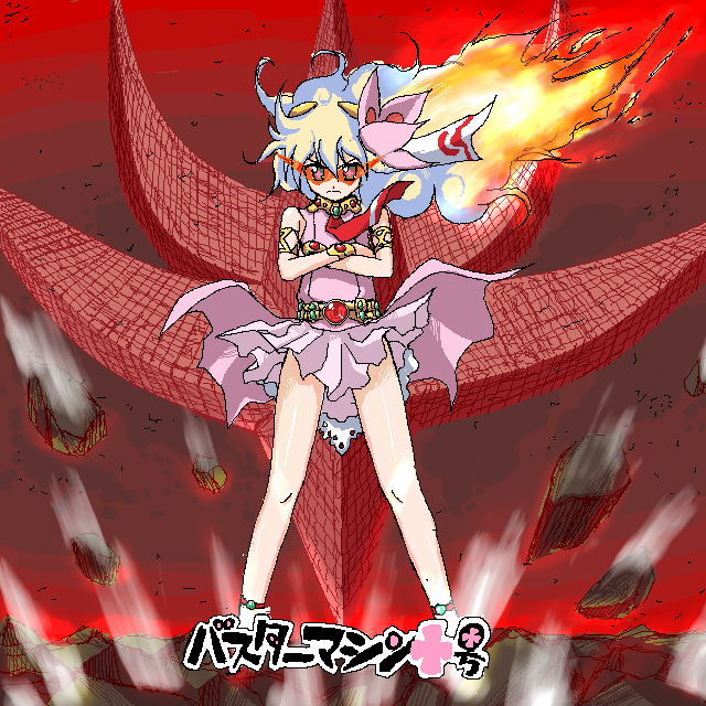 +_+, 1girl, blonde_hair, blue_hair, crossed_arms, dress, fiery_hair, flower, fukui_yukari, gunbuster_pose, hair_flower, hair_ornament, long_hair, multicolored_hair, nia_teppelin, nono_(top_wo_nerae_2!), parody, rock, seiyuu_connection, solo, sunglasses, tengen_toppa_gurren_lagann, top_wo_nerae_2!, wind