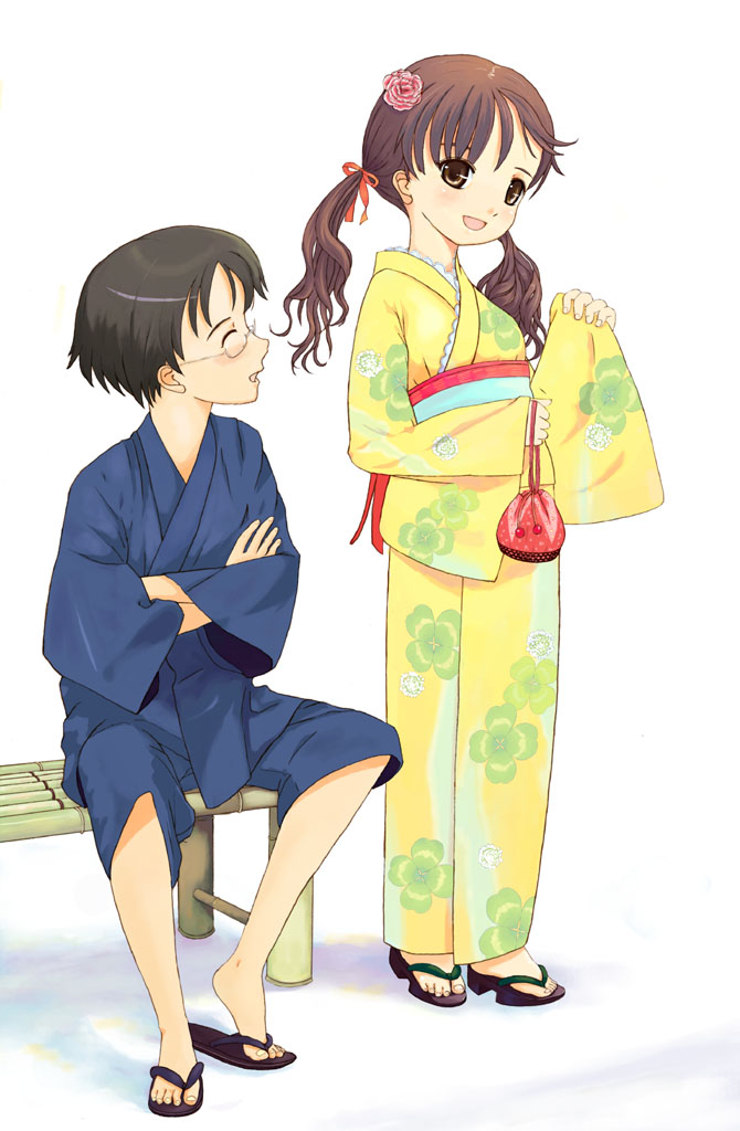 1boy, 1girl, :d, bench, brown_eyes, brown_hair, crossed_arms, full_body