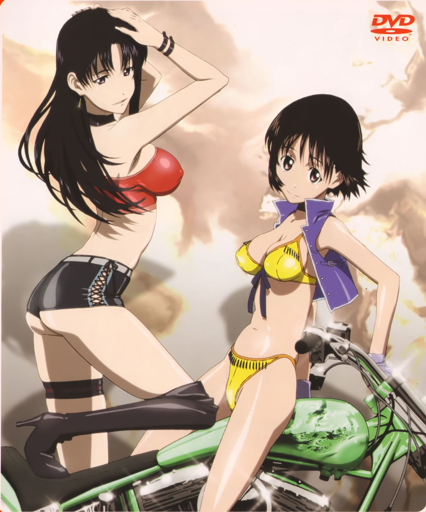2girls, bikini, black_hair, bob_cut, boots, bracelet, brown_eyes, choker