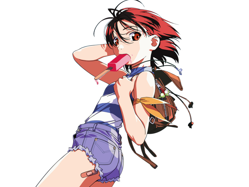 1girl, 90s, backpack, bag, bandaid, denim, denim_shorts, highres