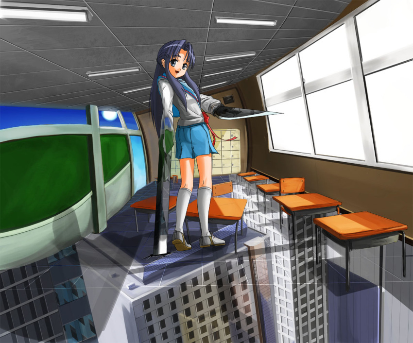 1girl, :d, asakura_ryouko, bangs, blue_eyes, blue_hair, blue_skirt, classroom