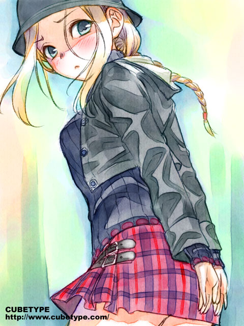 1girl, blonde_hair, blush, braid, covering, covering_ass, ellen_(folkssoul), folklore