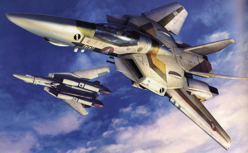 80s, choujikuu_yousai_macross, clouds, flying, highres, macross, macross:_do_you_remember_love?, mecha