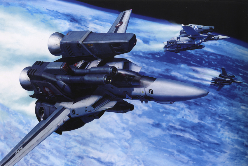 1boy, 80s, cannon, choujikuu_yousai_macross, earth, flying, highres, jolly_roger