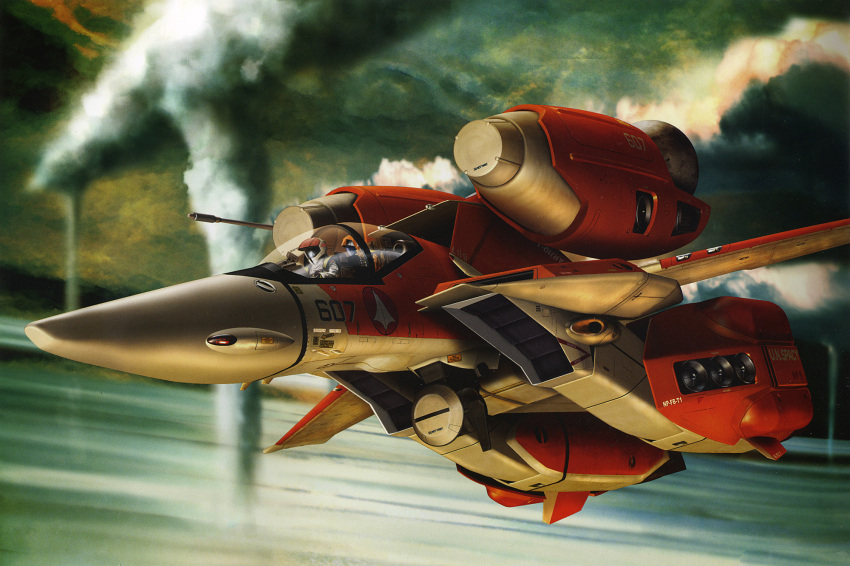 2boys, 80s, armor, choujikuu_yousai_macross, clouds, cloudy_sky, cockpit, flying, glass, helmet, highres, ichijou_hikaru, lynn_minmay, macross, macross:_do_you_remember_love?, mecha, multiple_boys, official_art, oldschool, outdoors, realistic, seat, sitting, sky, tenjin_hidetaka, transparent, vf-1, vf-1_super, vt-1, vt-1_super, vt-1_super_ostrich