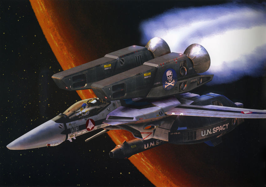 1boy, 80s, choujikuu_yousai_macross, earth, highres, jolly_roger, macross, macross:_do_you_remember_love?