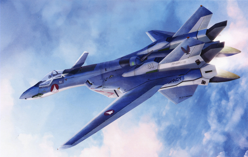 aegis_focker, aircraft, airplane, canards, clouds, fighter_jet, flying, highres, jet, macross, macross_vf-x2, mecha, military, military_vehicle, no_humans, realistic, science_fiction, sky, tenjin_hidetaka, vf-19, yf-19