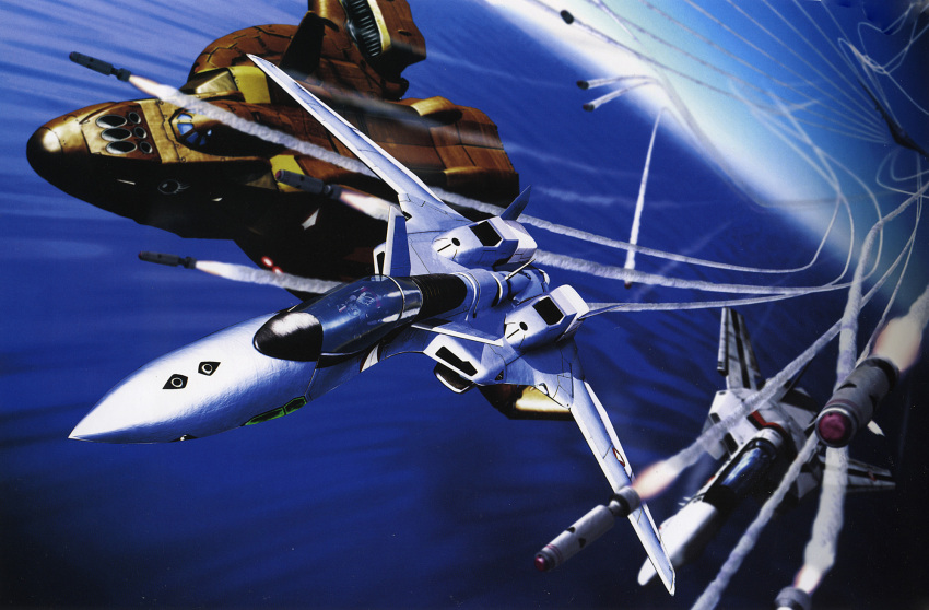 1boy, aerial_battle, aircraft, airplane, battle, fighter_jet, flying, game_console, highres, itano_circus, jet, macross, macross_vf-x, macross_vf-x2, mecha, military, military_vehicle, missile, ocean, official_art, playstation, realistic, roboteching, science_fiction, sky, tenjin_hidetaka, vb-6, vb-6_konig_monster, vf-1, vf-19, video_game, water, yf-19