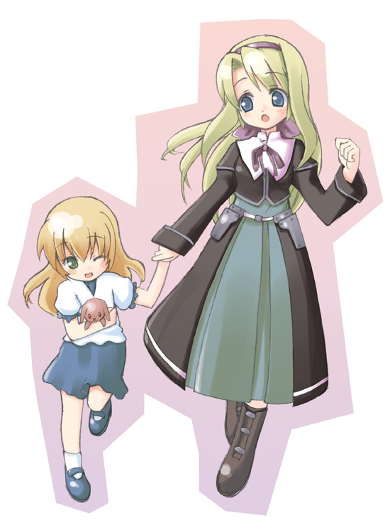 2girls, blonde_hair, carim_gracia, hairband, hand_holding, lyrical_nanoha, mahou_shoujo_lyrical_nanoha, mahou_shoujo_lyrical_nanoha_strikers