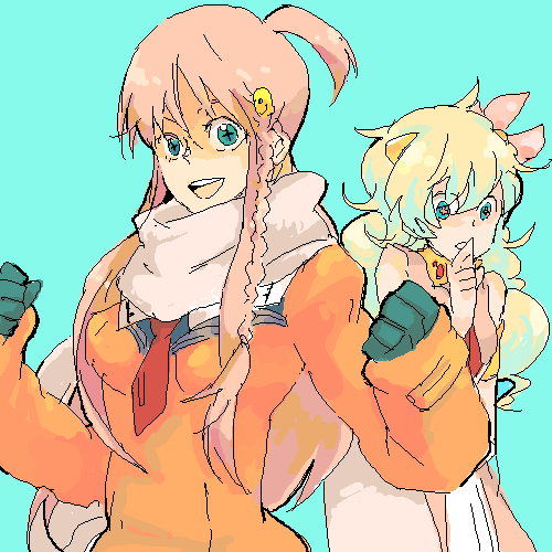 2girls, company_connection, crossover, fukui_yukari, gainax, lowres, multiple_girls, nia_teppelin