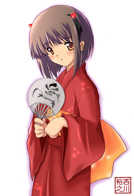 1girl, :o, blush, brown_hair, fan, horns, japanese_clothes, kimono, nishikawa_hiroyuki, orange_eyes, paper_fan, short_hair, signature, solo, uchiwa
