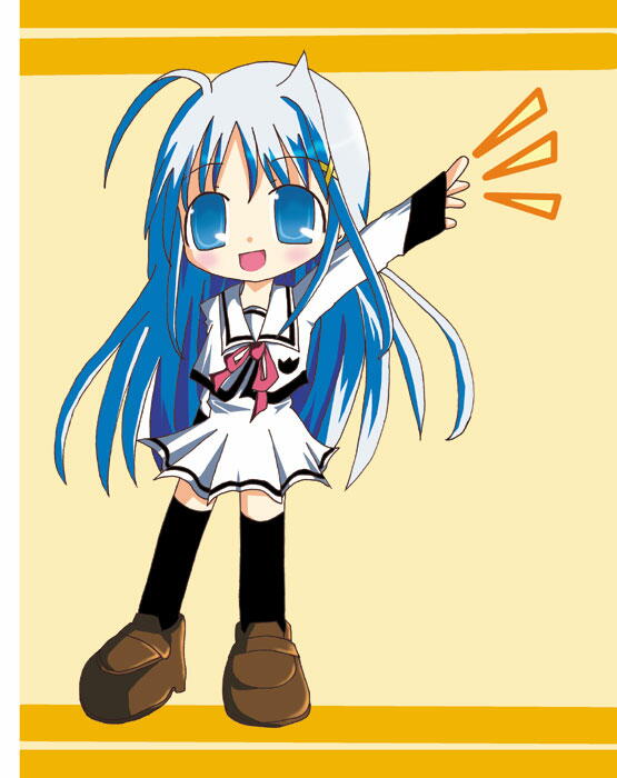 1girl, ahoge, blue_eyes, blue_hair, chibi, hair_ornament, konno, konno-t, lyrical_nanoha, mahou_shoujo_lyrical_nanoha, mahou_shoujo_lyrical_nanoha_strikers, reinforce_zwei, school_uniform, solo, thigh-highs, x_hair_ornament