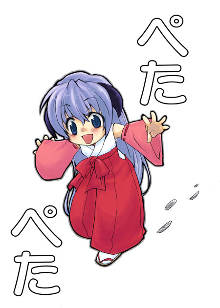 1girl, chibi, hakama, hanyuu, higurashi_no_naku_koro_ni, horns, japanese_clothes, kajikawa_yahiro, long_hair, miko, red_hakama, solo