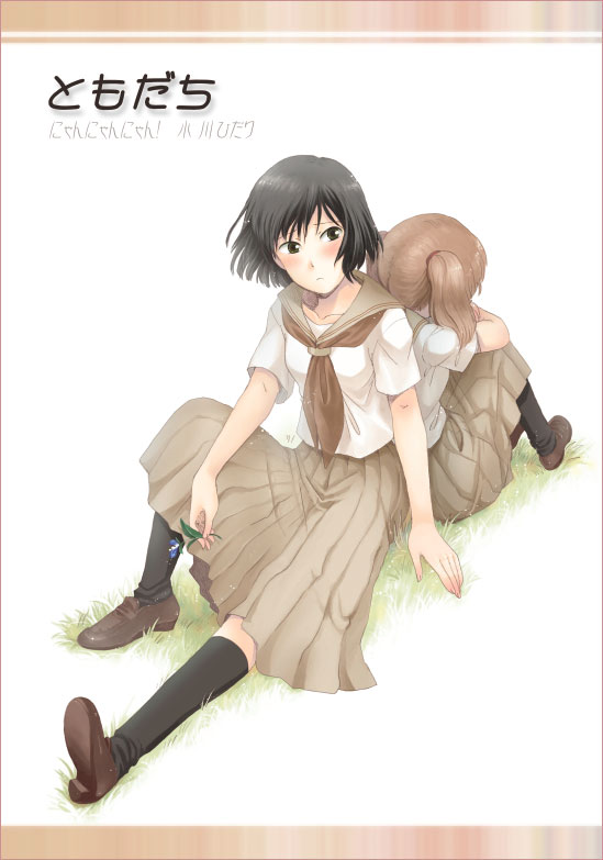 2girls, ankle_boots, back-to-back, black_hair, black_legwear, boots, brown_boots, brown_hair, brown_skirt, flower, full_body, kneehighs, knees_up, looking_at_viewer, multiple_girls, nyannyannyan!, ogawa_hidari, original, pleated_skirt, school_uniform, serafuku, short_hair, simple_background, sitting, skirt, twintails, white_background