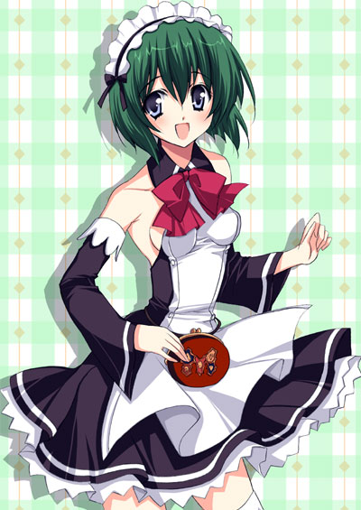 1girl, bag, bare_shoulders, blue_eyes, clala, detached_sleeves, green_hair, hairband