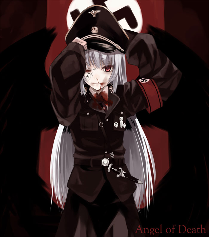 00s, 1girl, armband, blood, blood_on_face, hat, kabocha, military