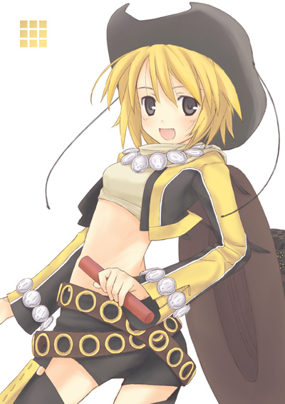 1girl, belt, beltskirt, bike_shorts, blonde_hair, chuujou_kagetsu, cowboy_hat, crop_top