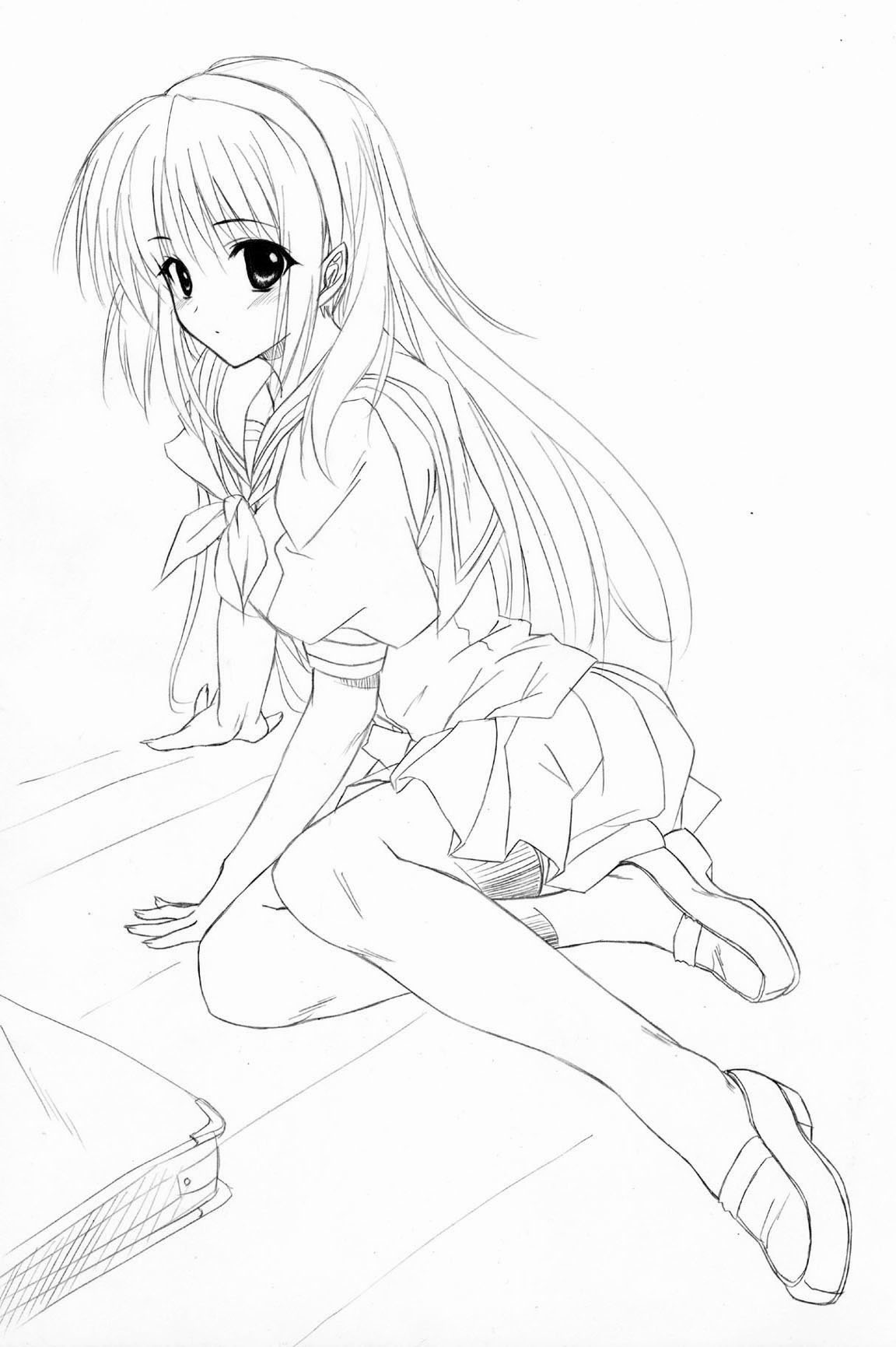 1girl, arm_support, blush, face, highres, lineart, loafers, long_hair