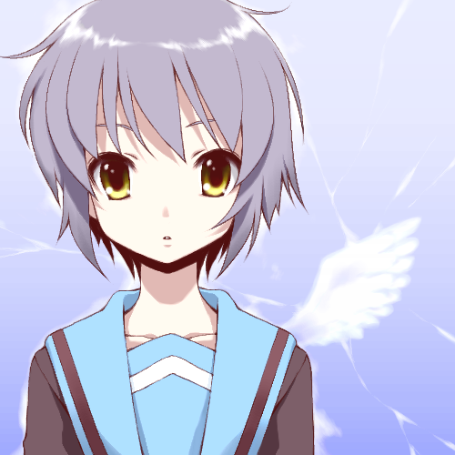 1girl, angel_wings, close-up, grey_hair, lowres, maskman, nagato_yuki, school_uniform